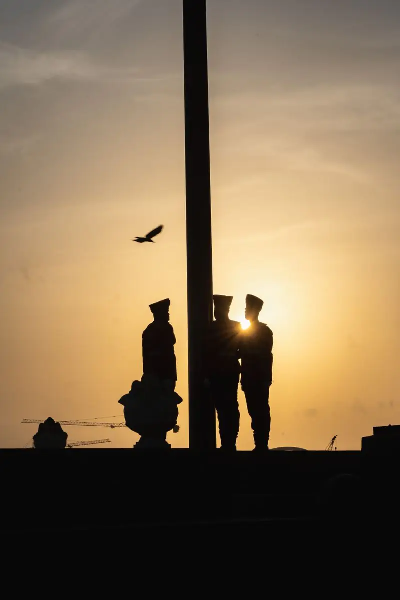 Silhouetted soldiers stand at a flagpole during sunset, with a bird flying by, highlighting a moment of reflection or ceremony.